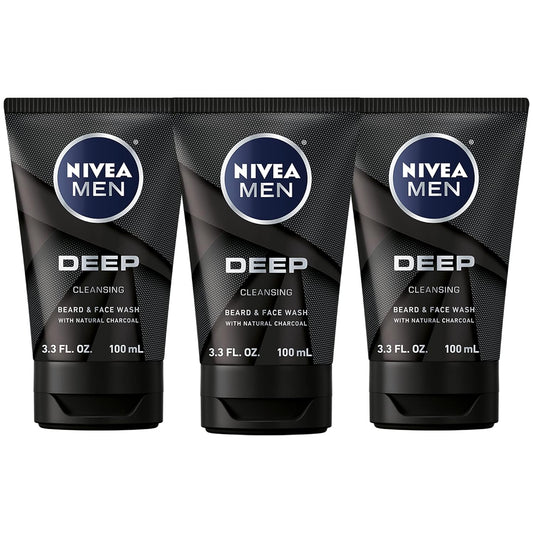 Nivea Men DEEP Cleansing Beard and Face Wash, Enriched with Natural Charcoal, 3 Pack of 3.3 Fl Oz Tubes