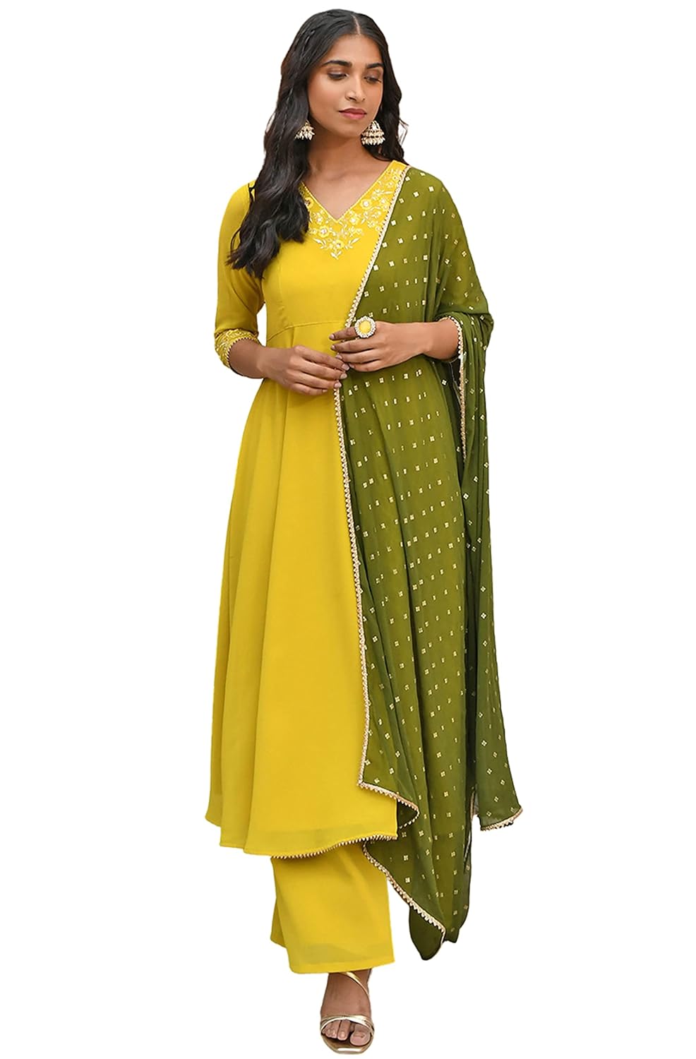 Janasya Women's Yellow Georgette Embellished Kurta with Palazzo and Dupatta