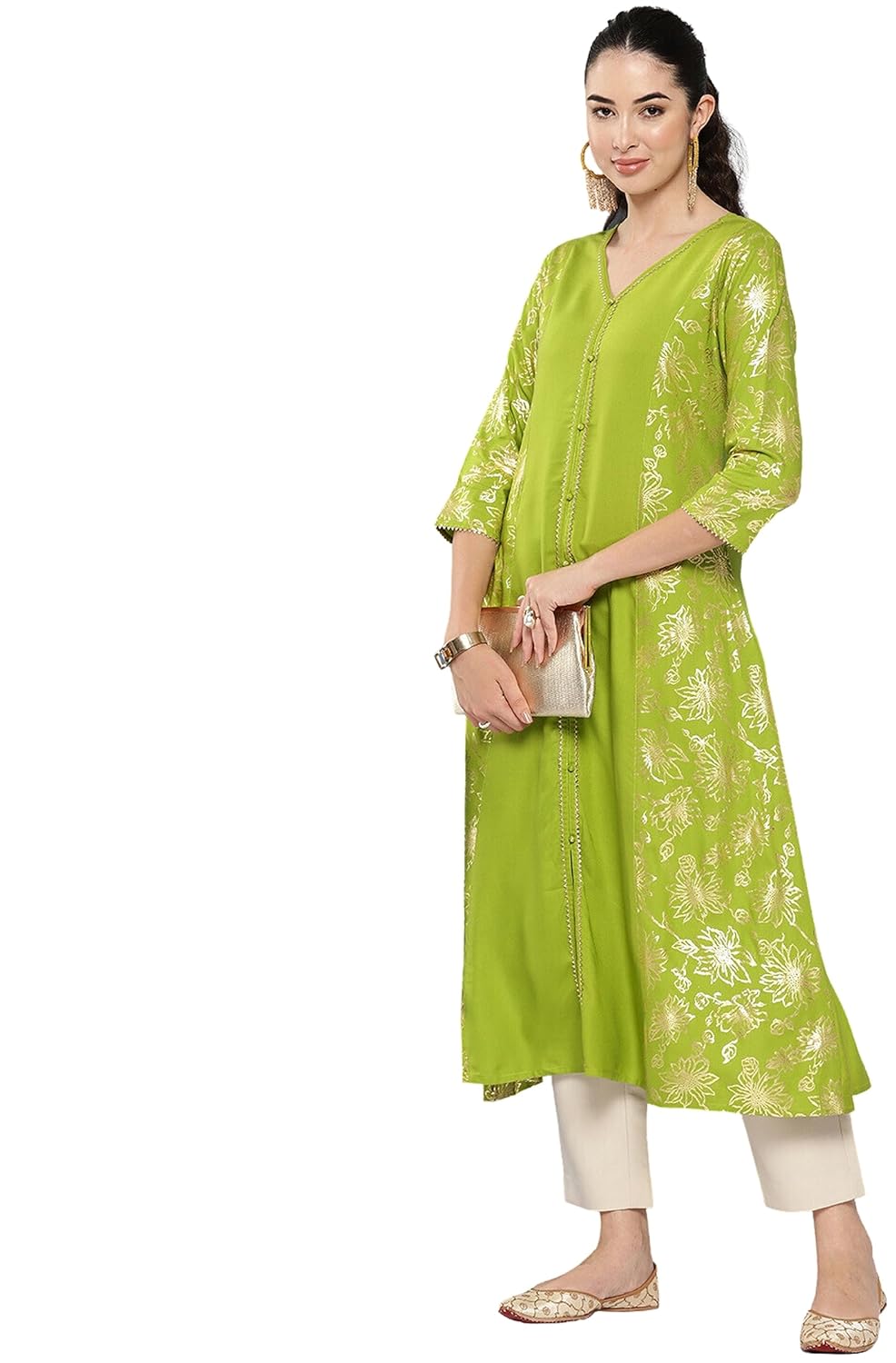 Janasya Women's Lime Green Rayon Foil Printed A-Line Kurta
