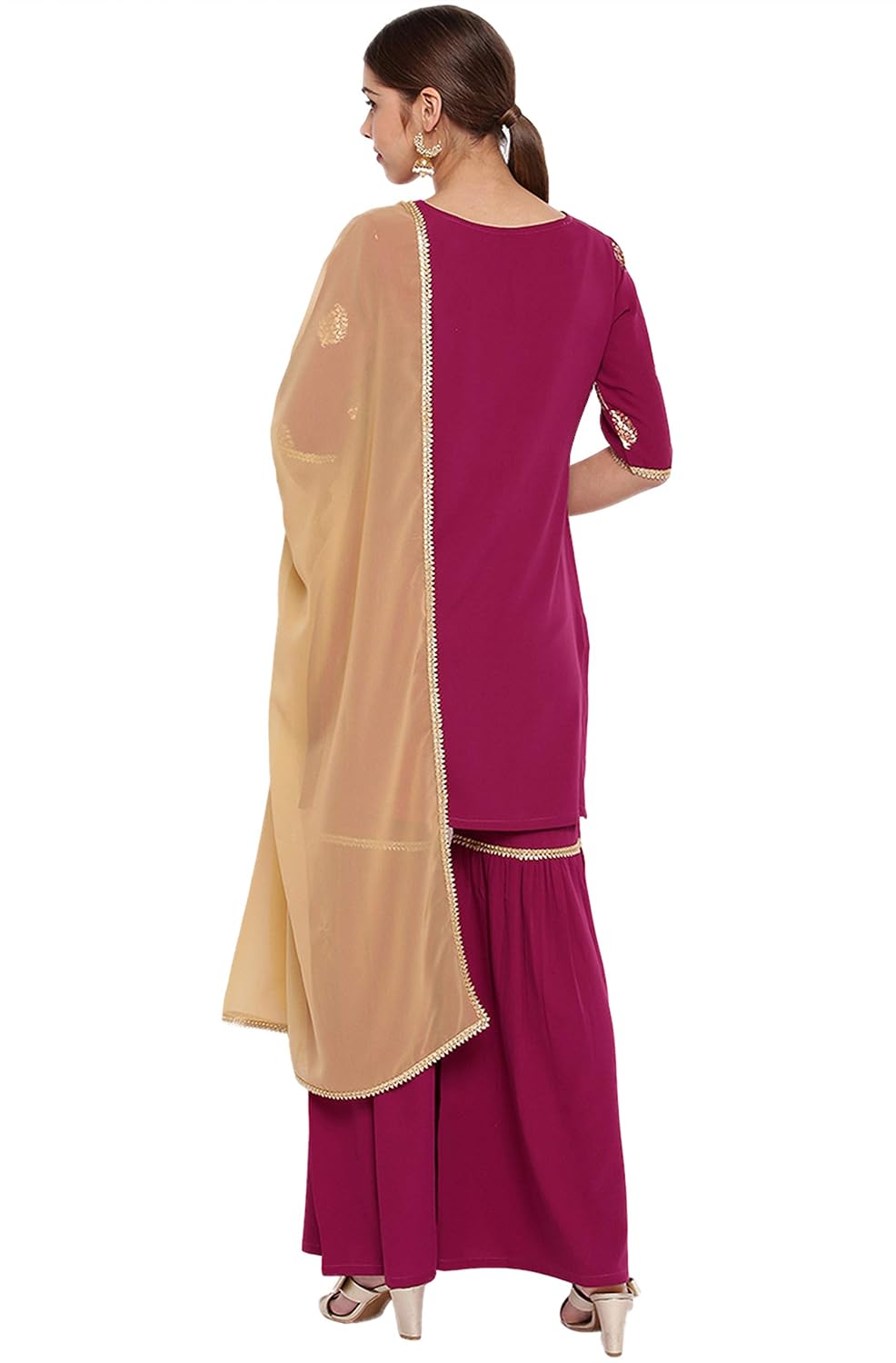 Janasya Women's Dark Green Poly Crepe Gold Print Kurti with Sharara and Dupatta