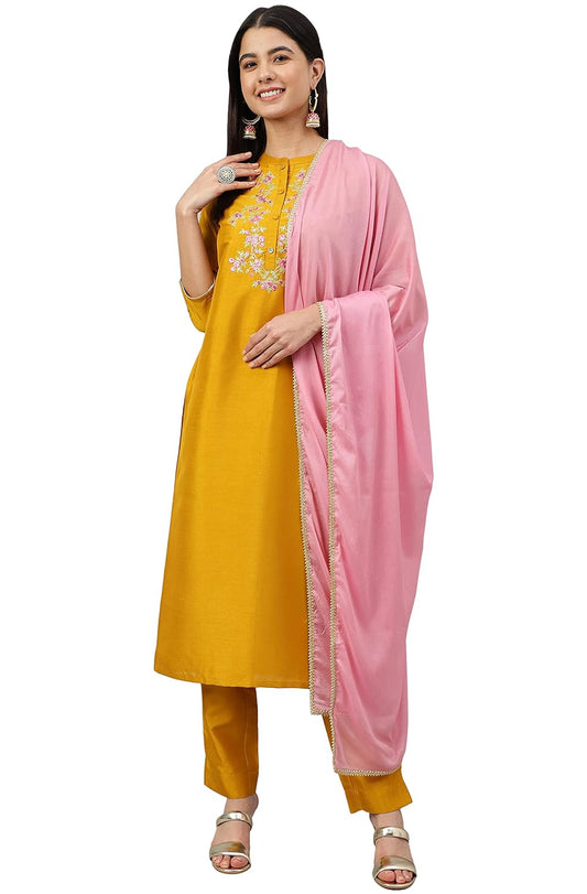 Janasya Women's Mustard Poly Silk Solid Kurta with Pant and Dupatta (Pink)
