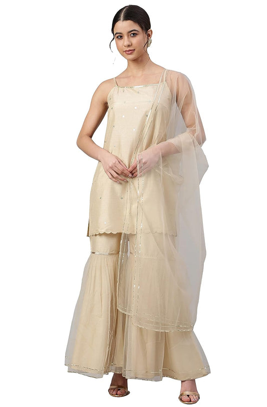 Janasya Women's Beige Poly Silk Embellished Kurta with Gharara and Dupatta