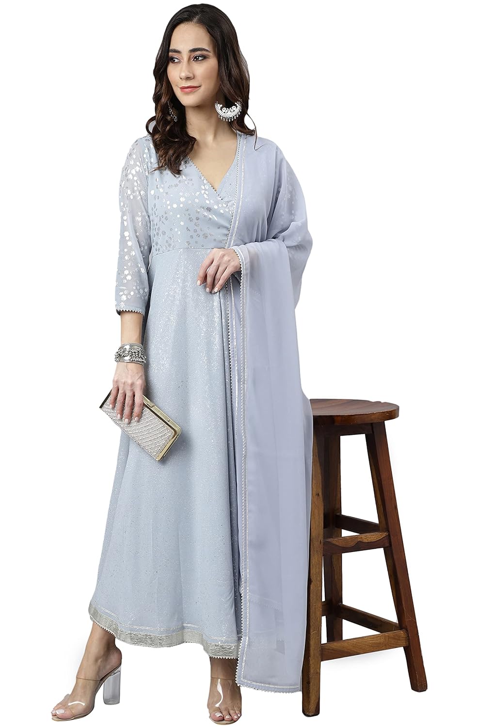 Janasya Women's Grey Georgette Foil Print Kurta with Dupatta