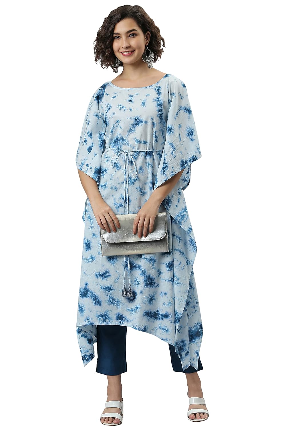 Janasya Women's Sky Blue Cotton Tie-Dye Kaftan Kurta