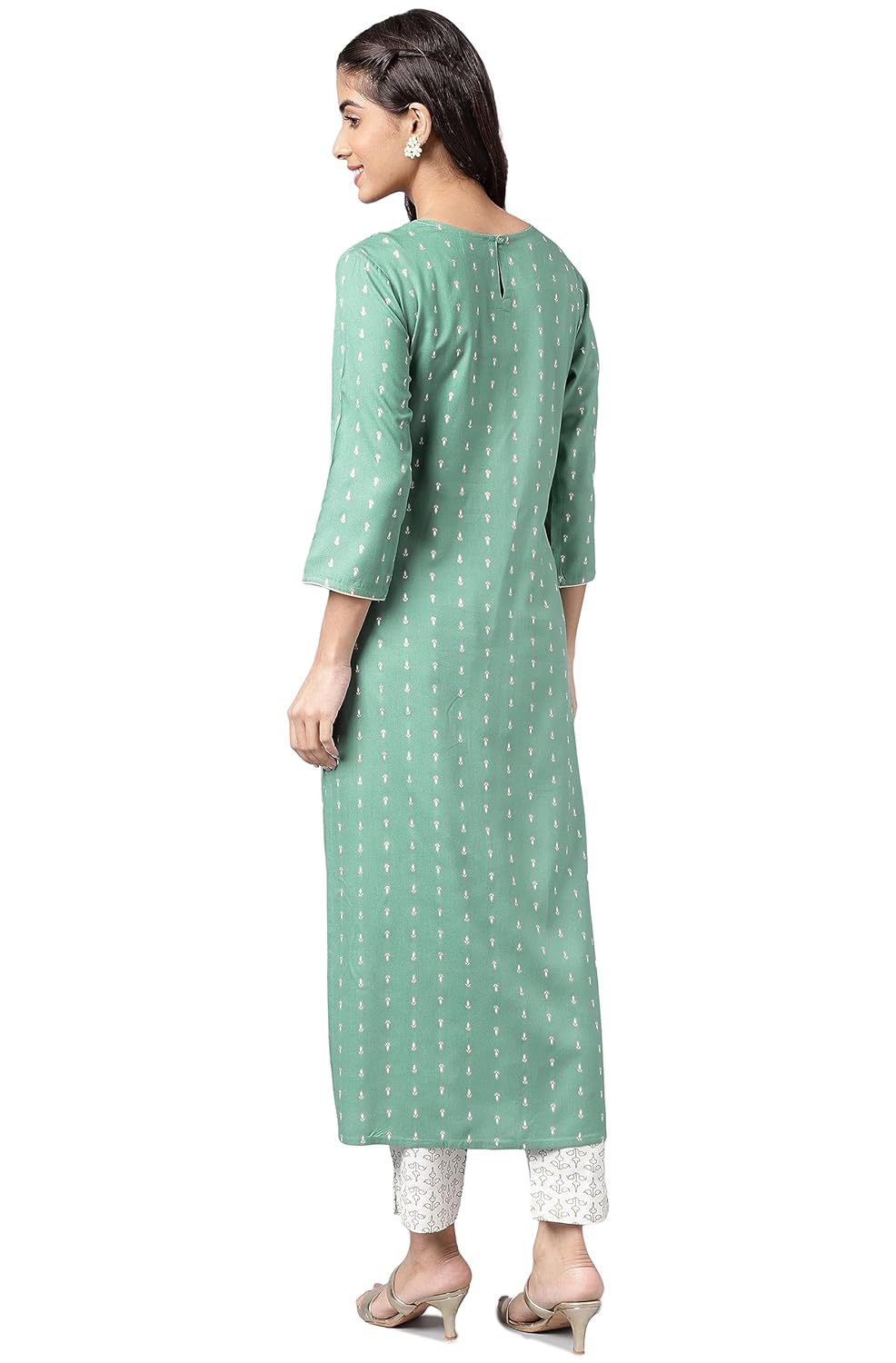 Janasya Women's Green Rayon Foil Printed Kurta with Pants