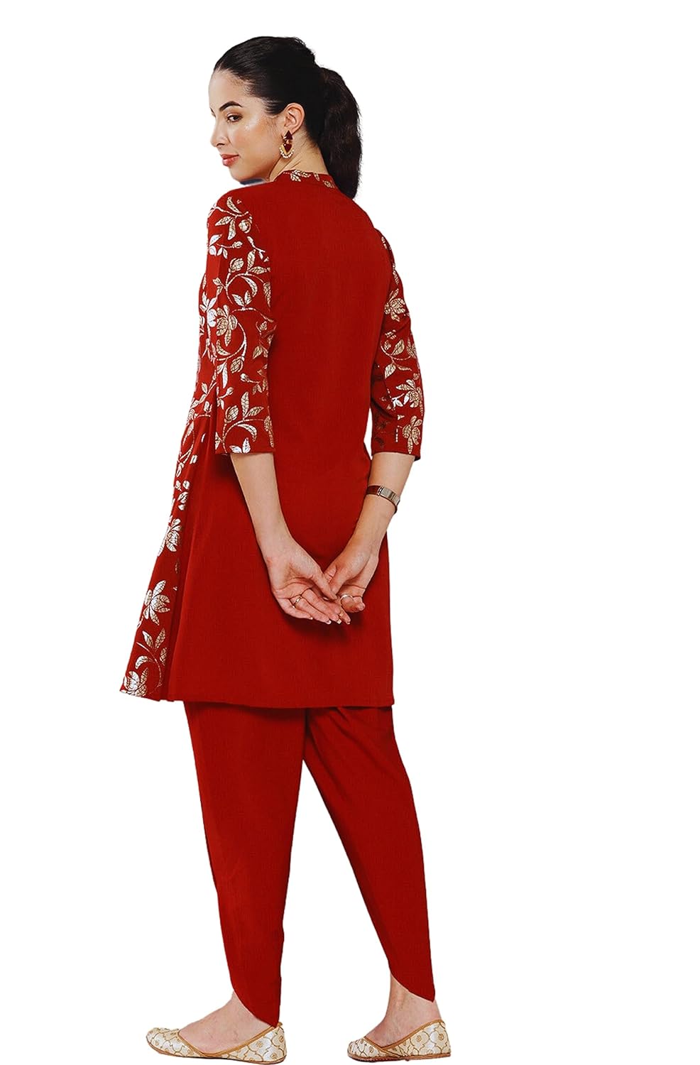 Janasya Women's Brick Red Crepe Foil Printed Tunic with Tulip Pant