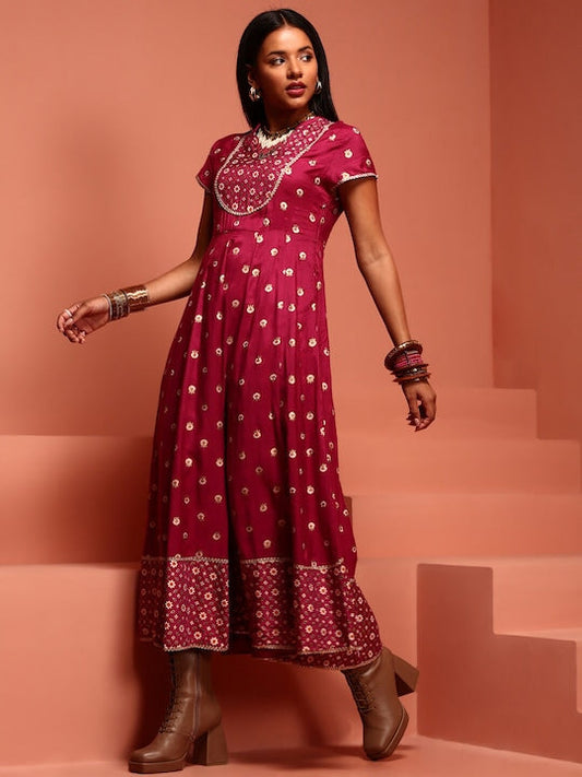 IMARA Ethnic Motifs Printed A-Line Ethnic Dress With Dupatta
