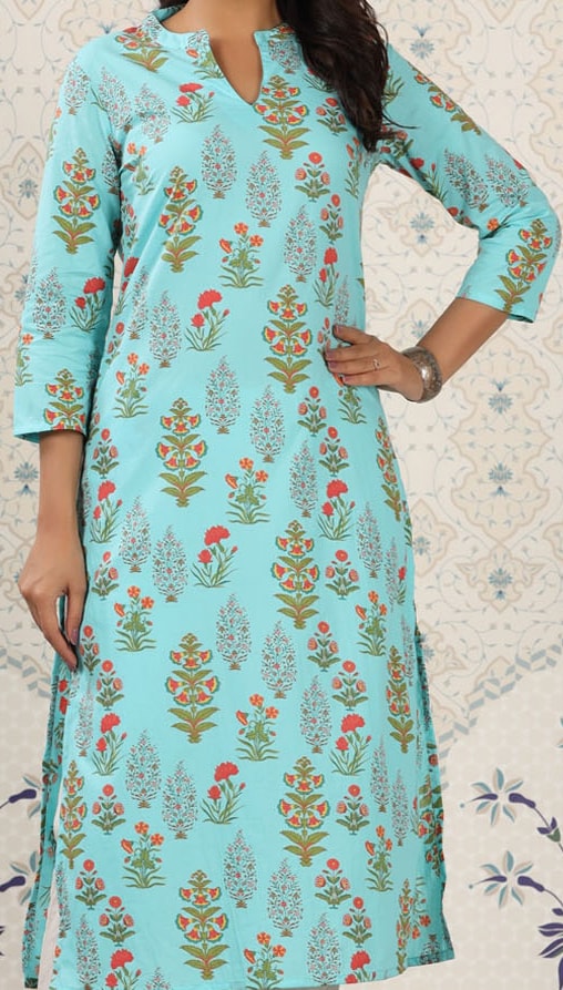 House of Pataudi Floral Printed Mandarin Collar Pure Cotton Kurta