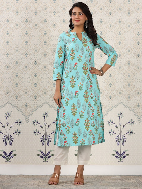 House of Pataudi Floral Printed Mandarin Collar Pure Cotton Kurta
