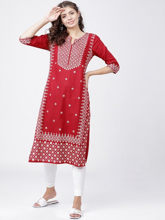Vishudh Women Red & Off White Ethnic Motifs Printed Thread Work Kurta