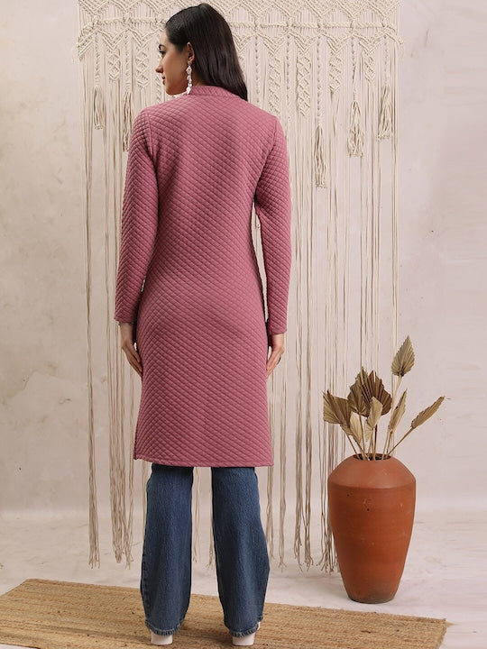 Vishudh Geometric Woven Design Mandarin Collar Quilted Detail Straight Kurta