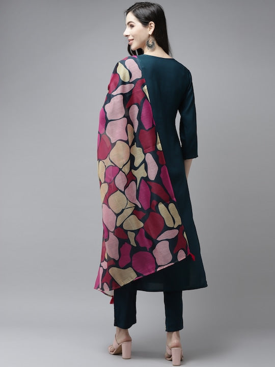 Yufta Women Teal Yoke Design Thread Work Kurta with Trousers & With Dupatta