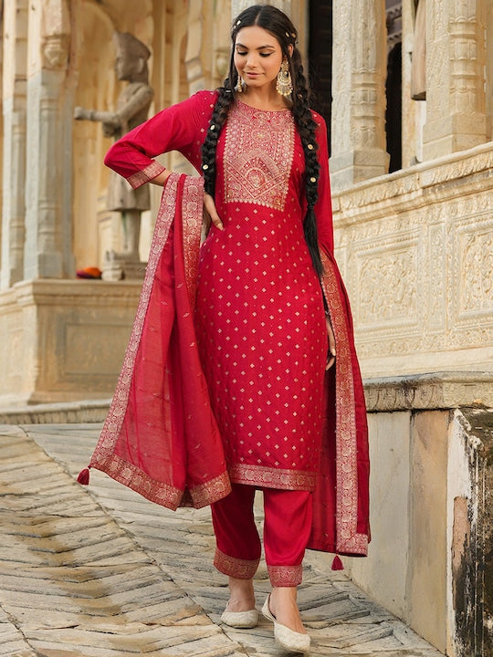 Scakhi Ethnic Motifs Printed Zari Pure Silk Kurta with Trousers & Dupatta