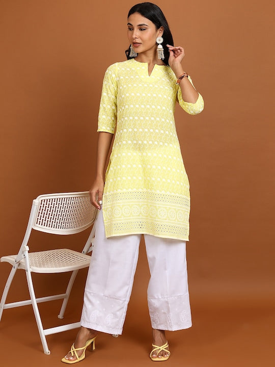 Vishudh Yellow Floral Embroidered Thread Work Straight Kurta