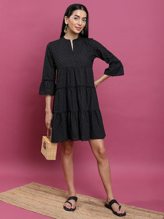 Vishudh Floral Embroidered Mandarin Collar Bell Sleeve A-Line Above Knee Dress