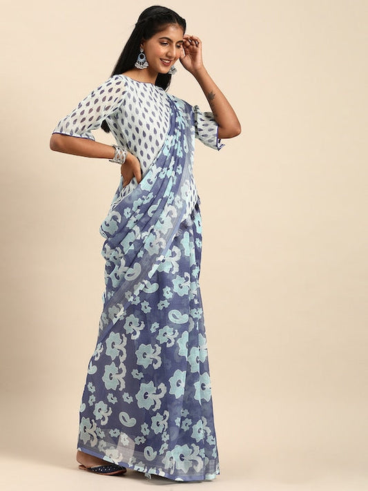 Sangria Blue & White Pure Linen Printed Saree