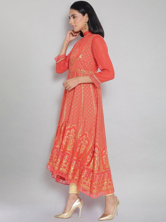 Aurelia Women Orange Paisley Embroidered Flared Sleeves Anarkali Kurta