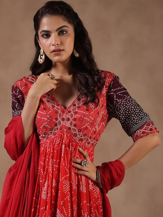 Scakhi Bandhani Printed V-Neck Mirror Work Kurta with Trousers & Dupatta