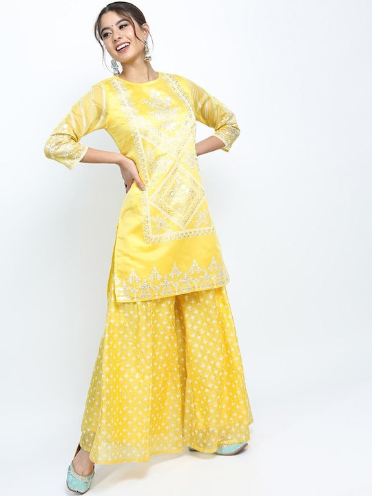 Vishudh Women Yellow Ethnic Motifs Printed Kurti with Palazzos & With Dupatta