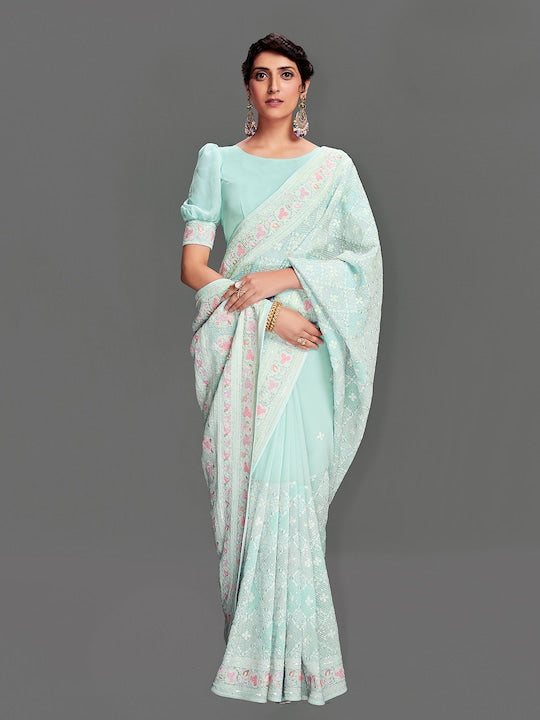 Fusionic Floral Embroidered Pure Georgette Saree