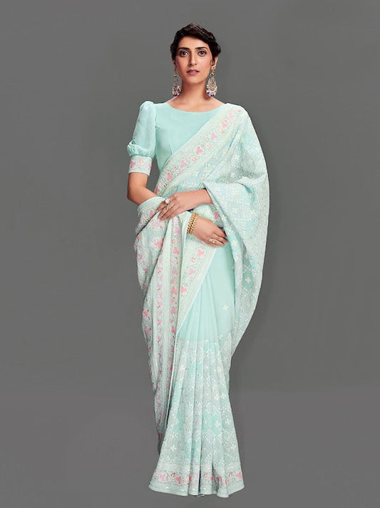 Fusionic Floral Embroidered Pure Georgette Saree