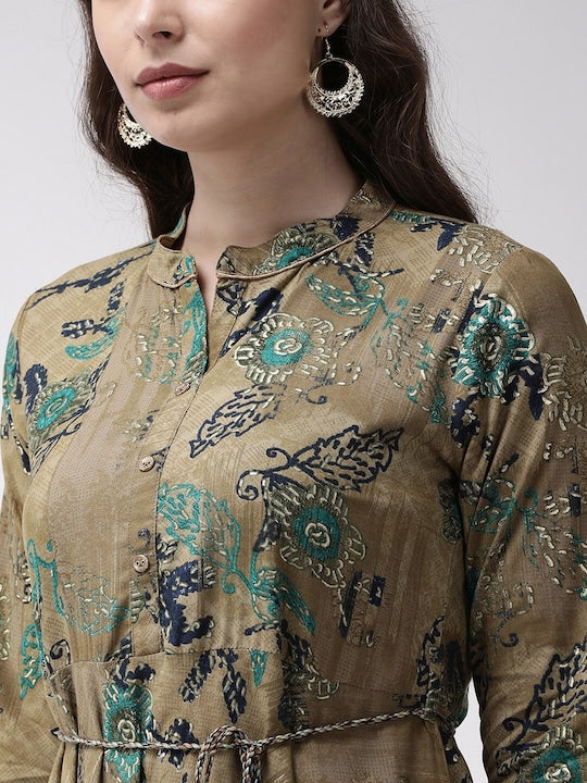 All about you Mustard Brown & Green Floral Printed A-Line Midi Dress