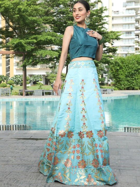 AKS Couture Floral Printed Zari Ready to Wear Lehenga & Blouse With Dupatta
