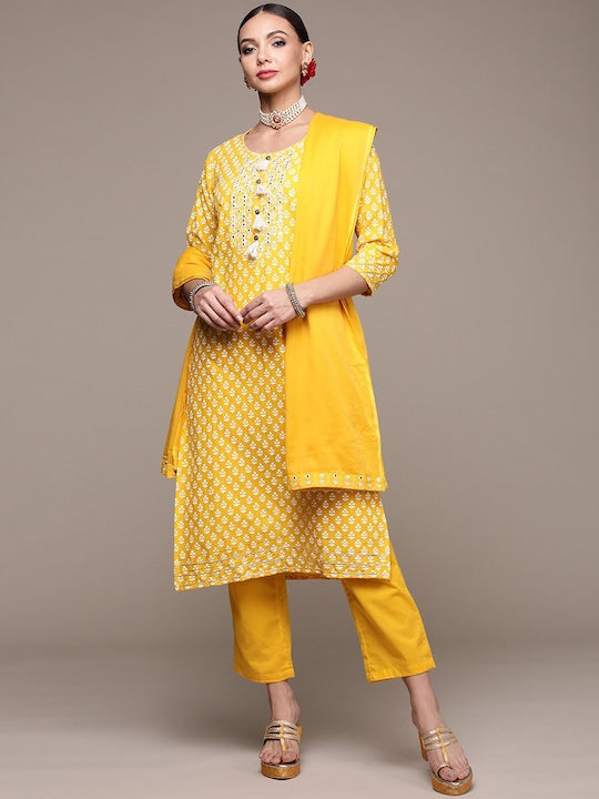 Anubhutee Floral Printed Mirror Work Pure Cotton Kurta with Trousers & Dupatta