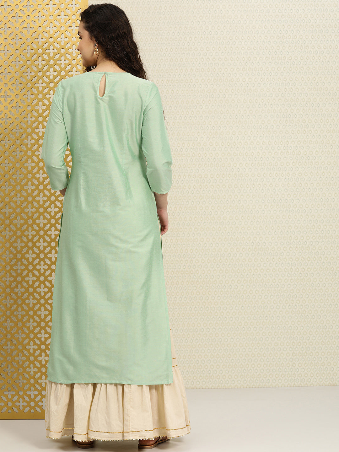 House of Pataudi Women Green Yoke Design A-Line Kurta