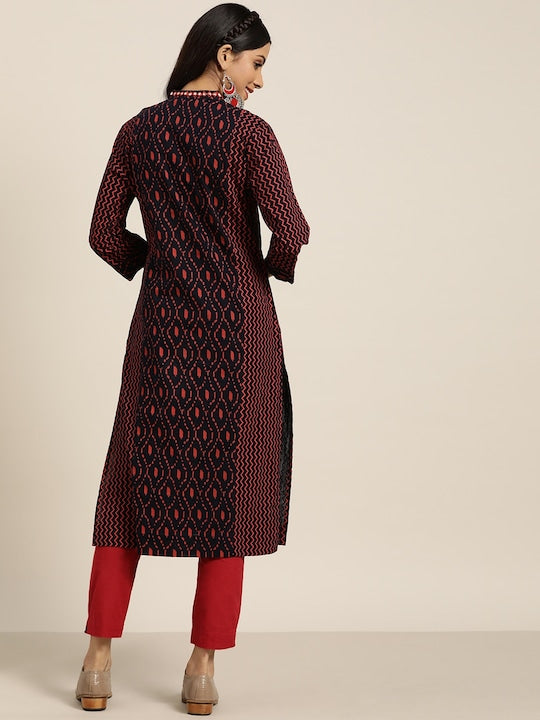 Sangria Women Navy Blue & Rust Red Pure Cotton Abstract Printed Mirror Work Detail Kurta