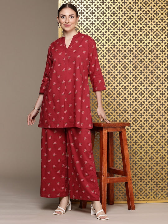 House of Pataudi Women Jashn Floral Printed Pure Cotton Kurta With Palazzos