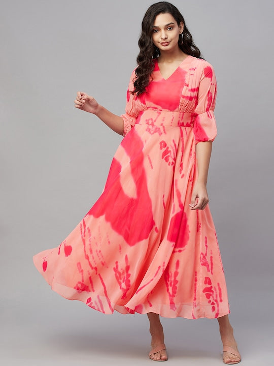 Myshka Peach-Coloured & Pink Tie and Dye Georgette Maxi Dress