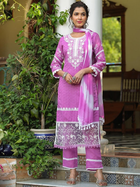 SCAKHI Floral Embroidered Chikankari Pure Cotton Kurta With Trousers & Dupatta