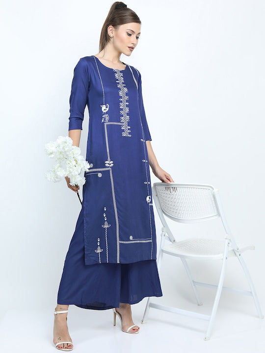 Vishudh Women Blue Printed Straight Kurta with Palazzo