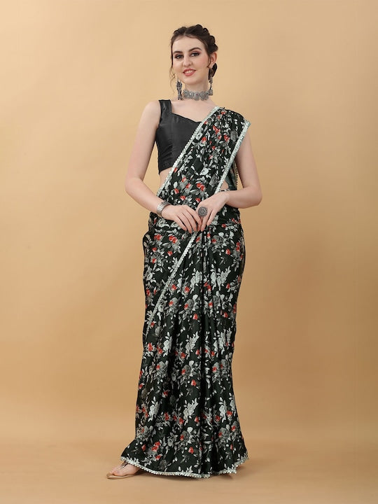 Kasee Black & White Floral Satin Saree