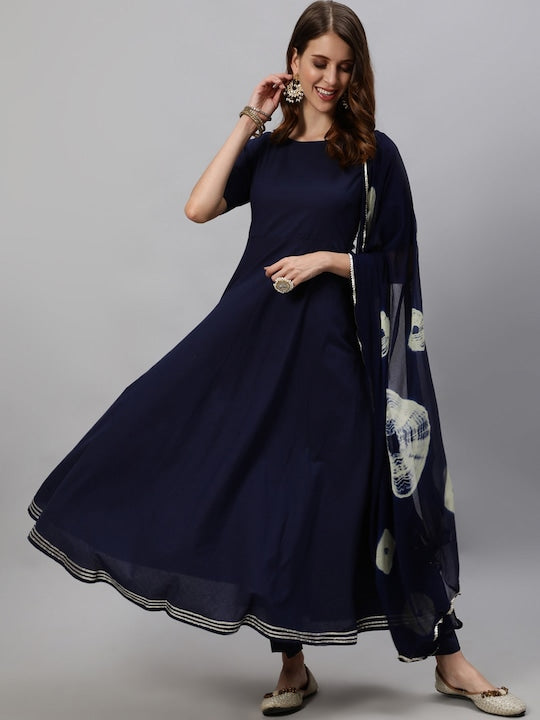 Anubhutee Women Navy Blue Ethnic Motifs Panelled Kurta with Trousers & Dupatta