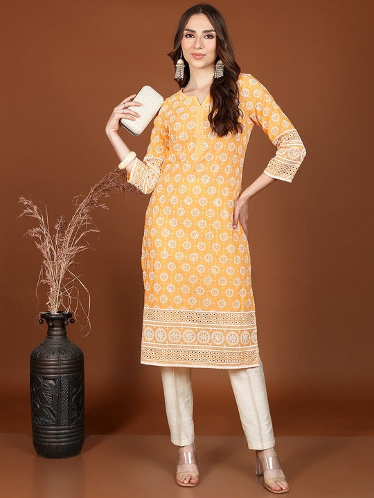 Vishudh Yellow Ethnic Motifs Embroidered Thread Work Straight Kurta