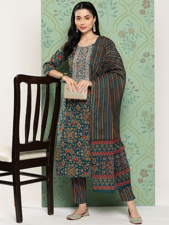 Yufta Floral Embroidered Regular Sequinned Pure Cotton Kurta with Trousers & With Dupatta