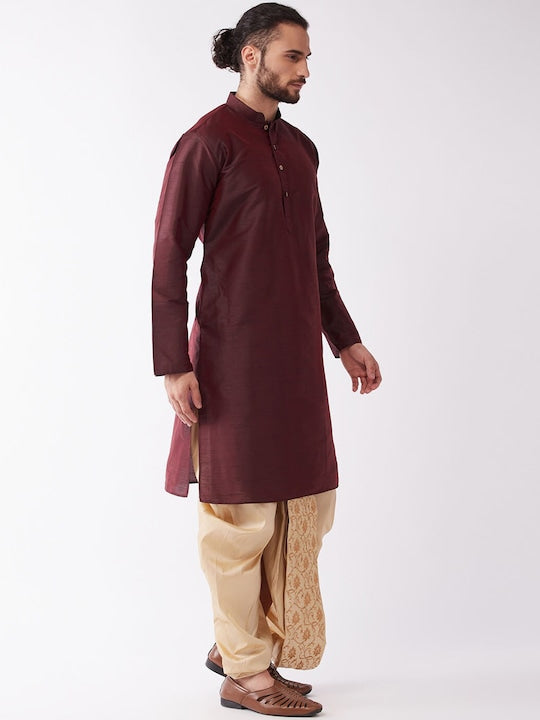 Vastramay Men Burgundy Regular Kurta with Dhoti Pants