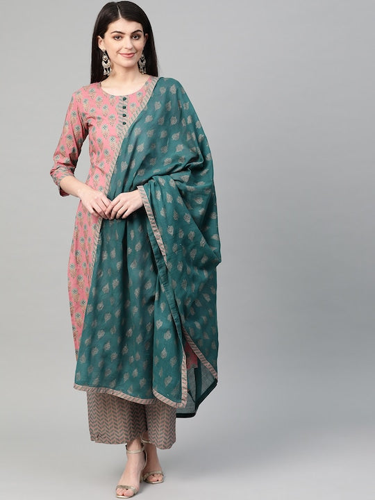 Yufta Women Pink & Blue Printed Kurta with Palazzos & Dupatta