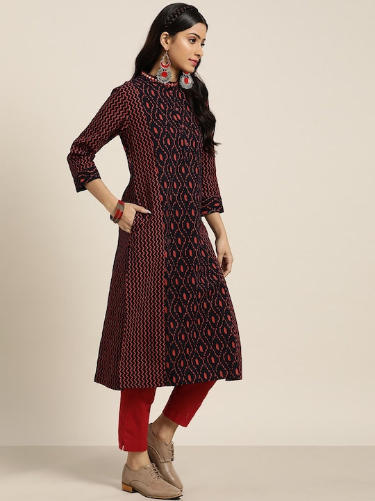 Sangria Women Navy Blue & Rust Red Pure Cotton Abstract Printed Mirror Work Detail Kurta
