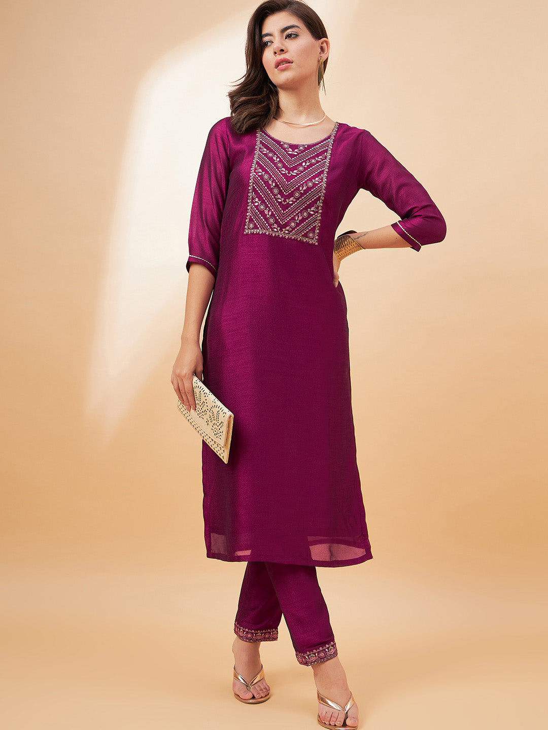All about you Ethnic Motifs Yoke Design Mirror Work Straight Kurta With Trousers