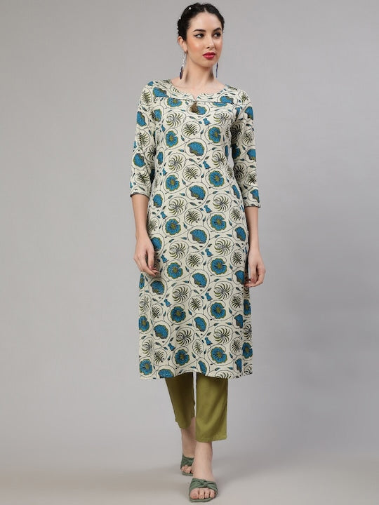 AKS Round Neck Floral Printed Regular Kurta with Trousers