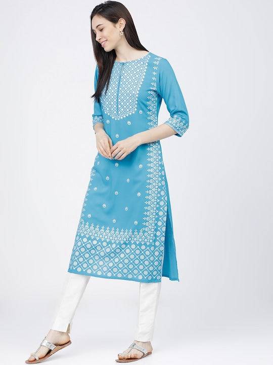 Vishudh Women Turquoise Blue & White Ethnic Motifs Printed Kurta