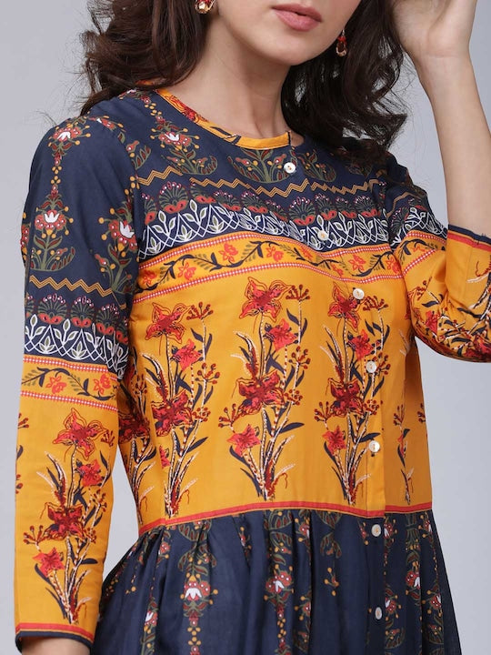 Vishudh Women Navy Blue & Mustard Yellow Floral Printed A-Line Kurta
