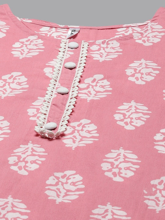 Yufta Women Floral Printed Pure Cotton Kurta with Trousers & Dupatta