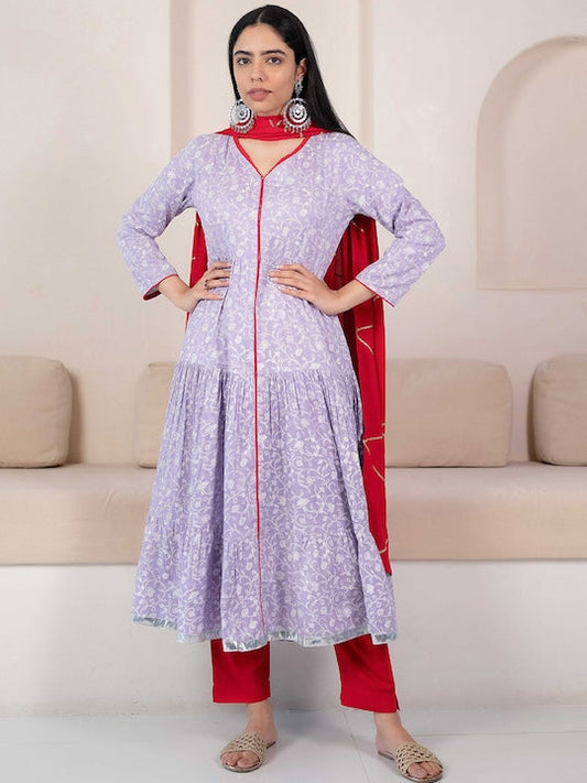Myshka V-Neck Floral Printed Anarkali Kurta with Trousers & Dupatta