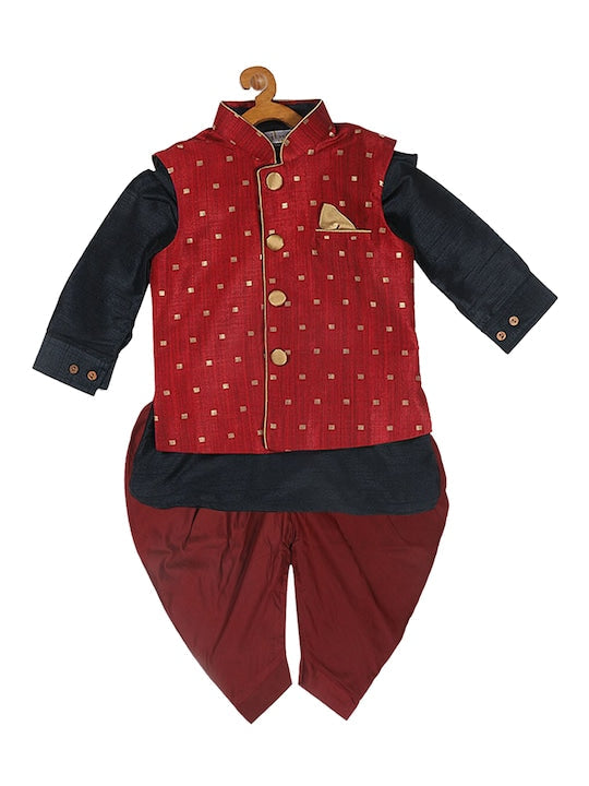 Vastramay Sishu Boys Black Regular Kurta With Dhoti Pants and Woven Nehru Jacket