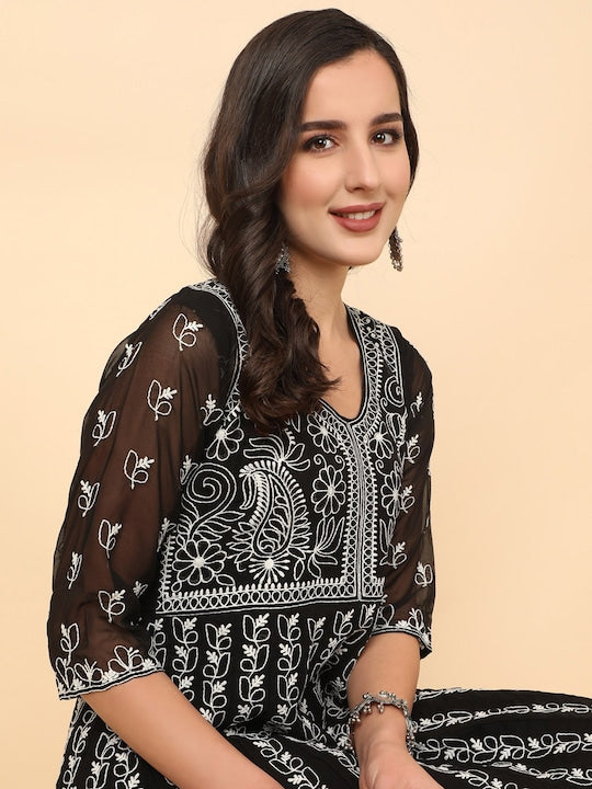 Here&now Women Chikankari Embroidered Thread Work Georgette Anarkali Kurta