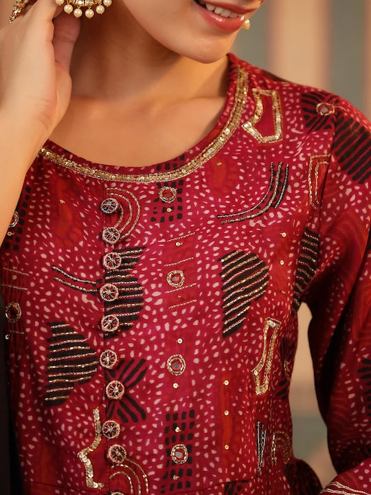 Scakhi Ethnic Motifs Printed Gotta Patti Anarkali Kurta with Sharara & Dupatta